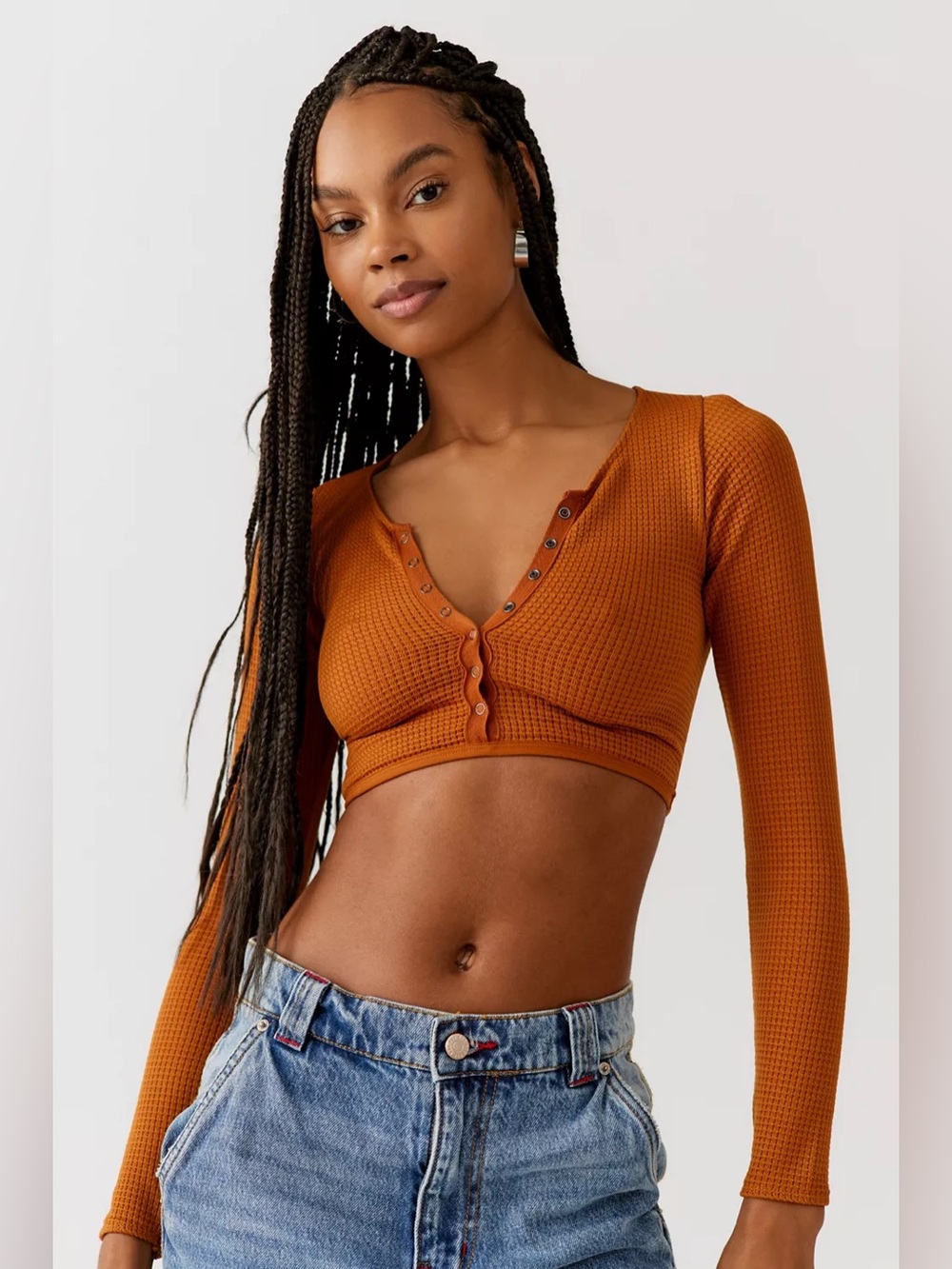 Out From Under Rust Waffle Knit Snap Henley Long Sleeve Crop Top XS/S
